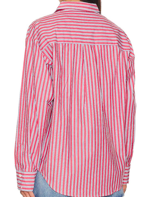 Long Sleeves Loose Buttoned Split-Joint Striped Lapel Blouses&Shirts Tops