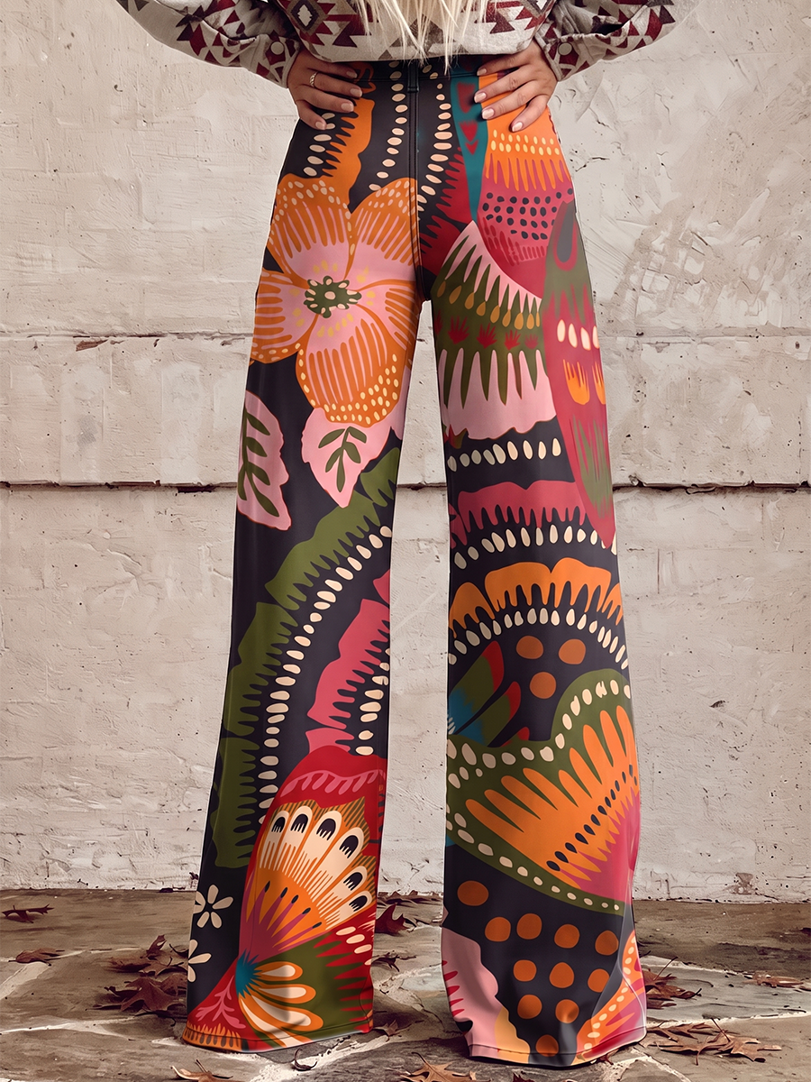 Printed Pockets Buttoned Wide Leg Plus Size Trousers Pants