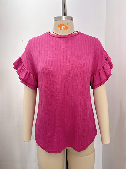 Wrap Falbala Solid Color Round-Neck T-Shirts Tops