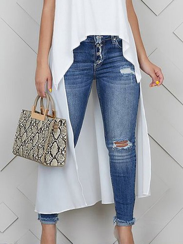 High-Low Loose Embroidered Solid Color Round-Neck Vest Top