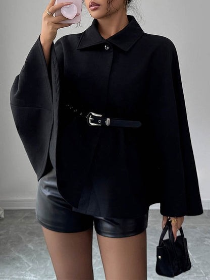 Batwing Sleeves Long Sleeves Belted Buttoned Solid Color Lapel Overcoat