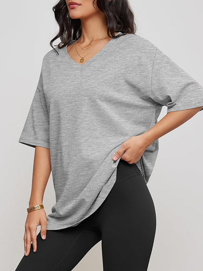 Short Sleeves Solid Color Split-Joint V-Neck T-Shirts