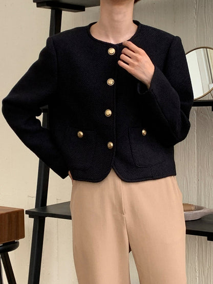 Long Sleeves Loose Buttoned Pockets Round-Neck Outerwear