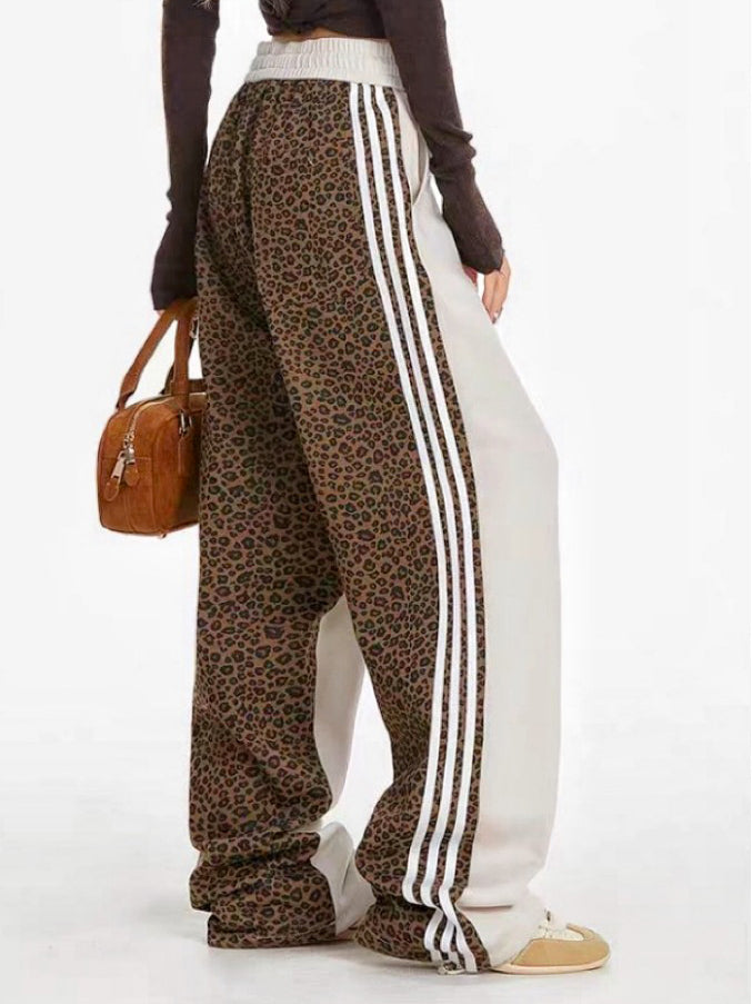 High Waisted Loose Contrast Color Drawstring Leopard Split-Joint Striped Pants Trousers