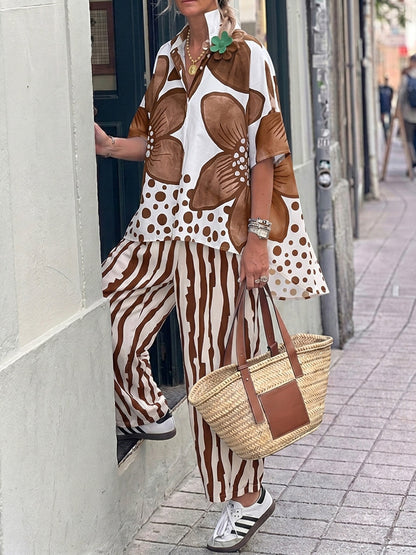 Half Sleeves Buttoned Flower Print Polka-Dot Lapel Blouses&Shirts Tops + High Waisted Pants Trousers Two Pieces Set