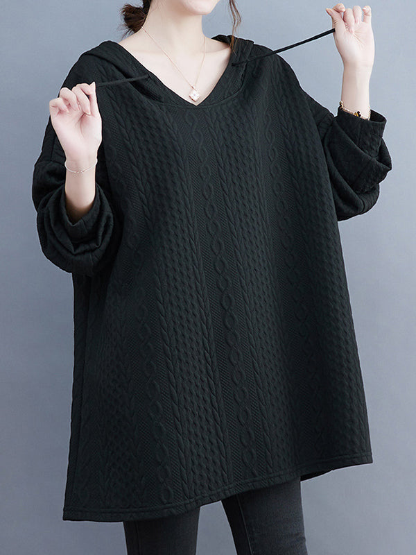 Hooded Long Sleeves Drawstring Jacquard Solid Color Split-Joint Hoodies Tops