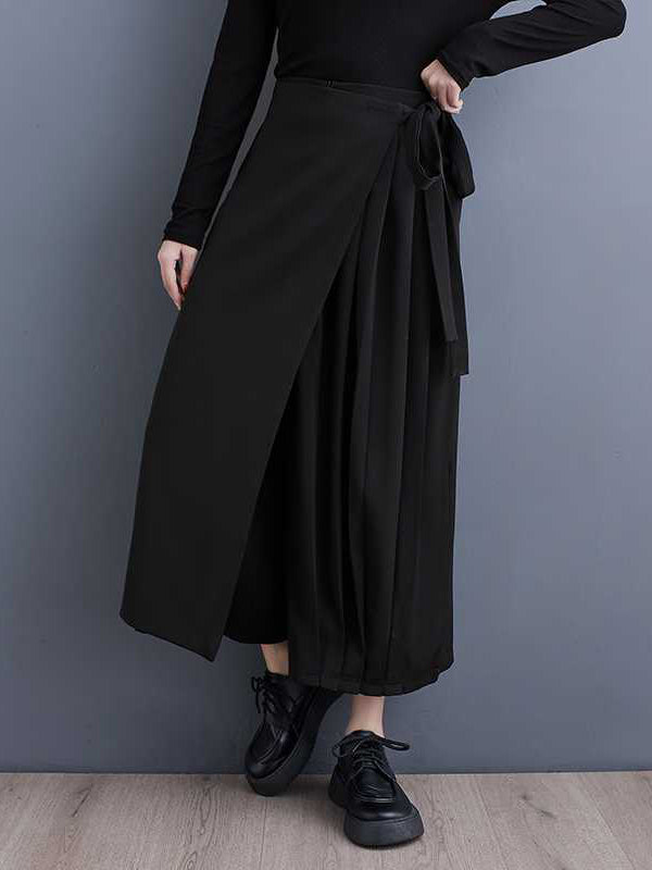 False Two High Waisted Asymmetric Elasticity Solid Color Tied Waist Culotte Ninth Pants