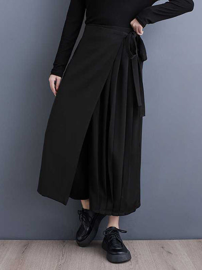 False Two High Waisted Asymmetric Elasticity Solid Color Tied Waist Culotte Ninth Pants