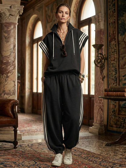 Loose Sleeveless Contrast Color Drawstring Split-Joint Striped Zipper Mock Neck Blouses&Shirts Tops
