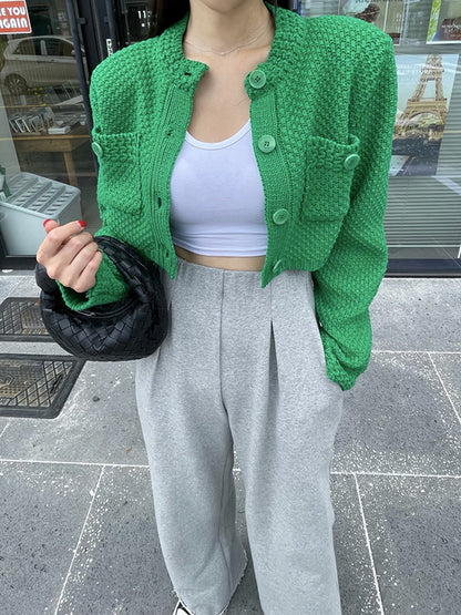 Long Sleeves Buttoned Pockets Solid Color Round-Neck Cardigan Tops