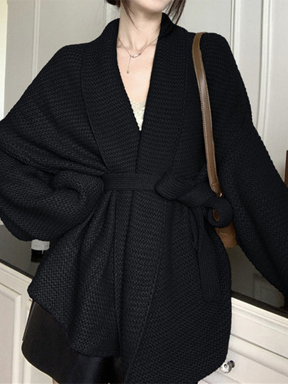 Long Sleeves Loose Solid Color Tied Waist V-Neck Cardigan Tops