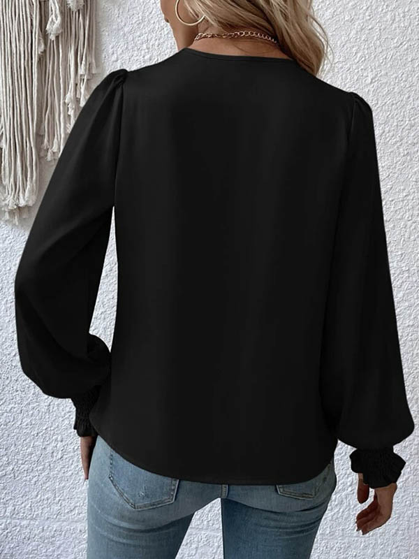 Long Sleeves Loose Elasticity Solid Color V-Neck Blouses&Shirts Tops