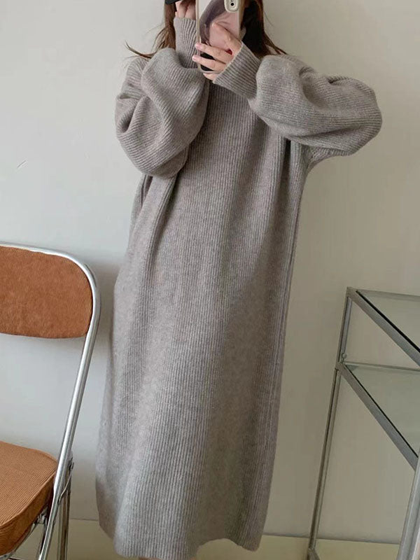 Long Sleeves Loose Solid Color High Neck Midi Dresses Sweater Dresses