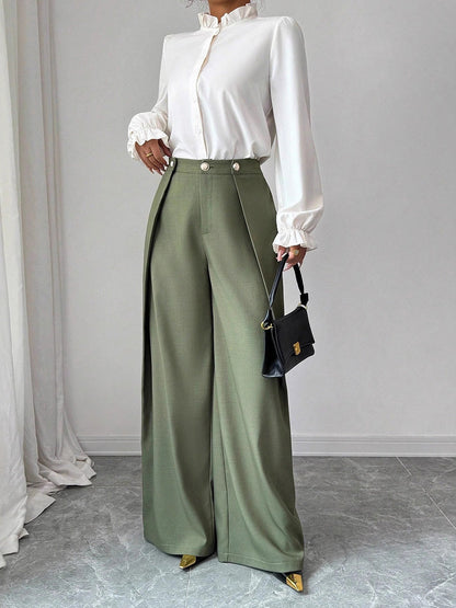 High Waisted Wide Leg Buttoned Solid Color Pants Trousers