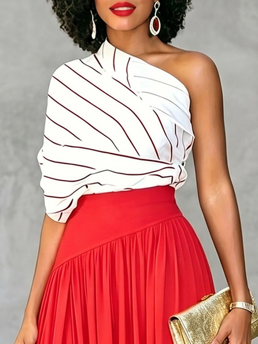 Irregularity Short Sleeves Asymmetric Striped One-Shoulder Blouses&Shirts Tops