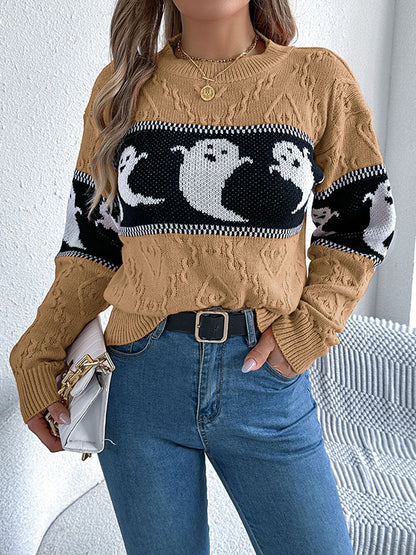 Long Sleeves Loose Contrast Color Split-Joint Round-Neck Pullovers Sweater Tops