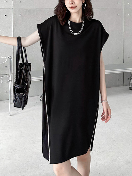 Loose Short Sleeves Asymmetric Zipper Round-Neck Midi Dresses
