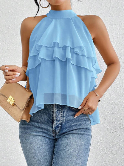 Sleeveless Hollow Ruffle Trim Solid Color Split-Joint Halter-Neck Tank Top