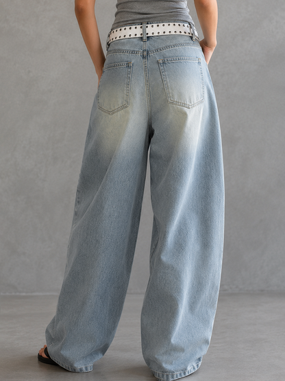 High Waisted Wide Leg Belt Buckle Hollow Pockets Solid Color Split-Joint Jean Pants Bottoms