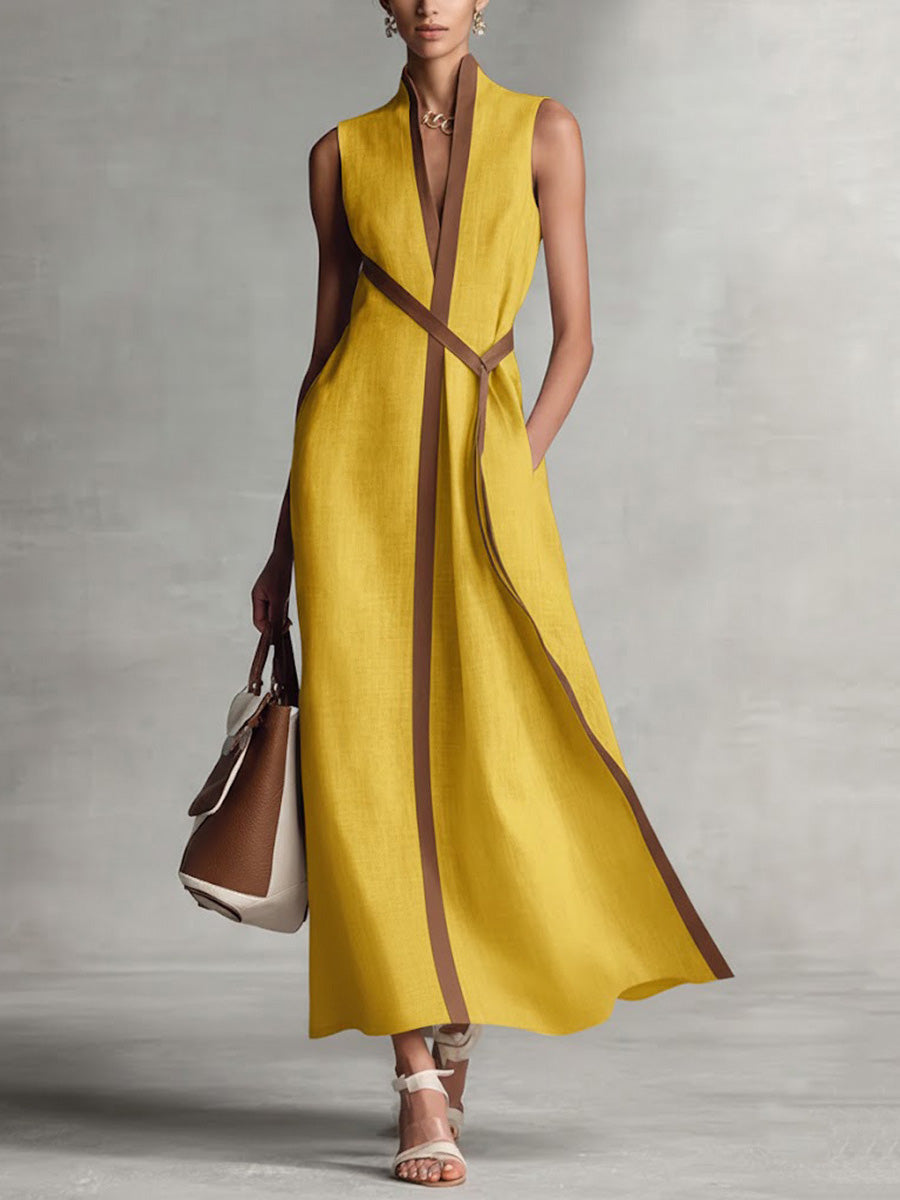 Loose Sleeveless Contrast Color Pockets Round-Neck Maxi Dresses