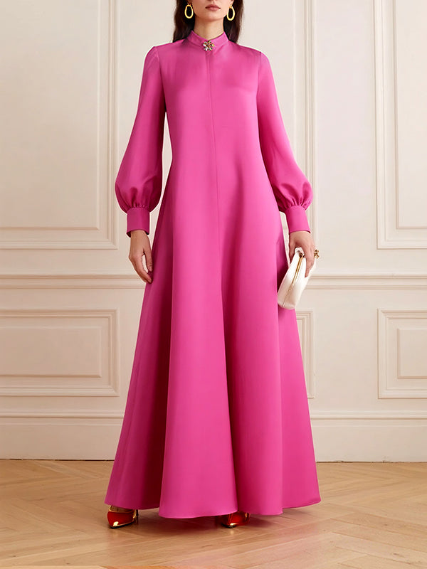 Puff Sleeves Solid Color Split-Joint Round-Neck Maxi Dresses Shirt Dress