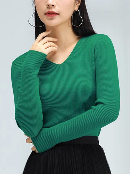 Long Sleeves Skinny Solid Color V-Neck Knitwear Pullovers Sweater Tops