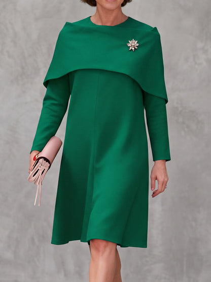 Zipper Solid Color Long Sleeves False Two Round-neck Midi Dresses