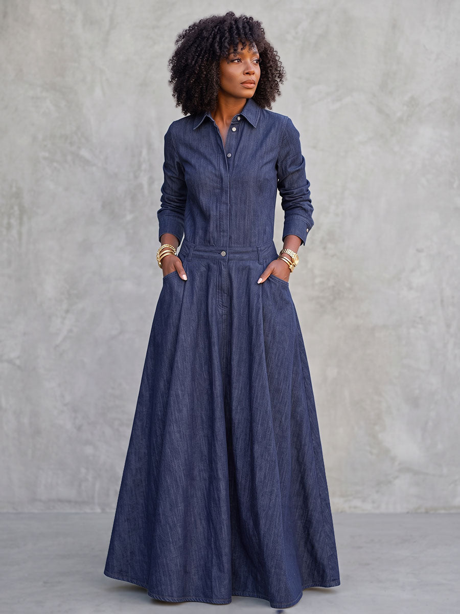 Split-Joint Solid Color Pockets Buttoned Long Sleeves High Waisted Lapel Maxi Dresses