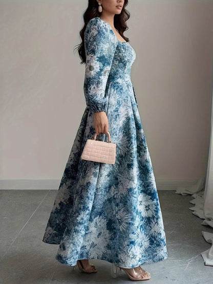 A-Line High Waisted Contrast Color Flower Print Pleated Split-Joint Square-Neck Maxi Dresses