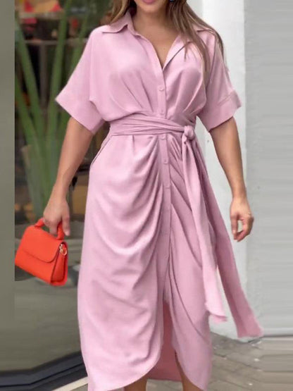 Elasticated Waist High Waisted Buttoned Pleated Solid Color Split-Joint Tied Waist Lapel Maxi Dresses Shirt Dress