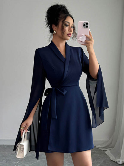 A-Line Elasticated Waist Interlace See-Through Solid Color Split-Joint Split-Side Tied Waist V-Neck Mini Dresses