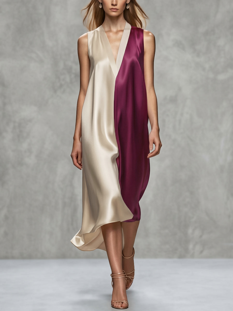 A-Line Loose Contrast Color V-Neck Midi Dresses