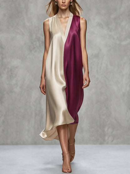 A-Line Loose Contrast Color V-Neck Midi Dresses