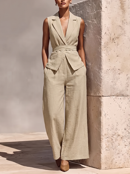 Solid Color Notched Collar Tied Sleeveless Vest Top + High Waisted Pockets Pants Trousers Two Pieces Set
