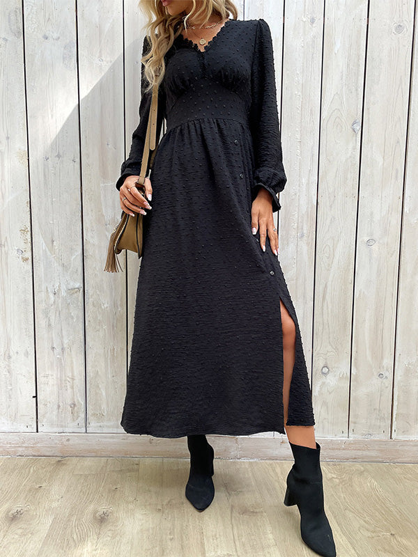 A-Line Long Sleeves Buttoned Elasticity Solid Color Split-Side V-Neck Midi Dresses