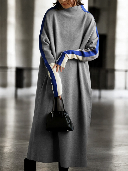 Long Sleeves Loose Contrast Color Stand Collar Maxi Dresses