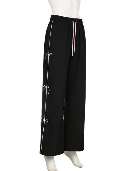 Loose Wide Leg Bowknot Drawstring Elasticity Split-Joint Pants Trousers