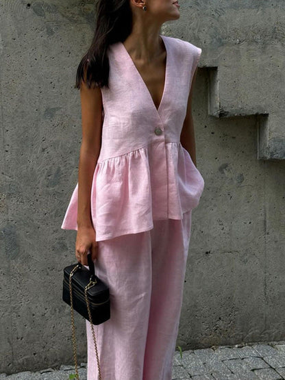 Loose Split-Joint Sleeveless Pleated V-Neck Vest + Pants Trousers Two Pieces Set