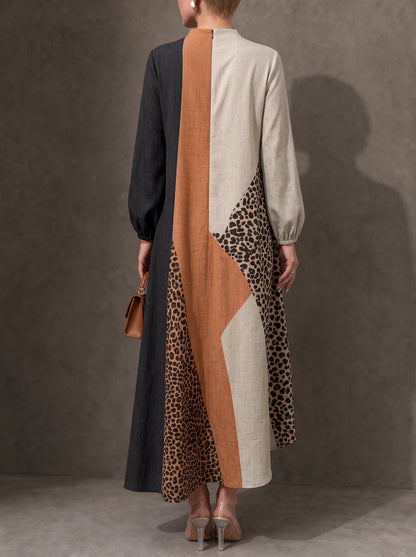 Zipper Split-Joint Leopard Elasticity Contrast Color Loose Long Sleeves Round-neck Maxi Dresses