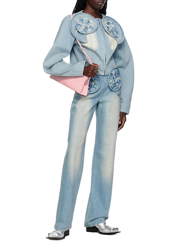 Straight Leg Three-Dimensional Flower Zipper Jean Pants Bottoms