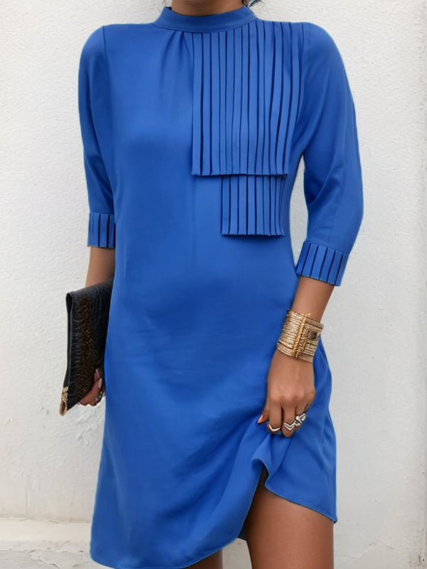 Loose Three-quarter Sleeves Buttoned Pleated Solid Color Split-Joint Tasseled Mock Neck Mini Dresses