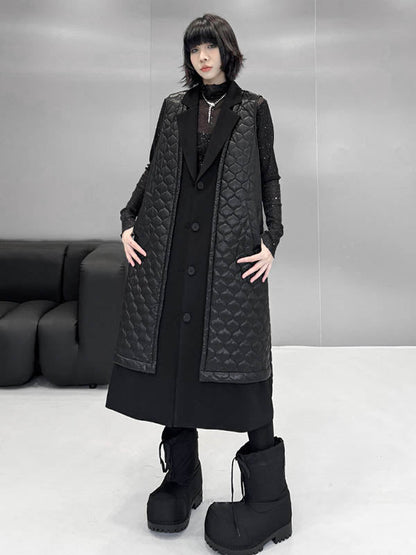 Loose Sleeveless Buttoned Plaid Pockets Solid Color Split-Joint Notched Collar Outerwear Padded Vest
