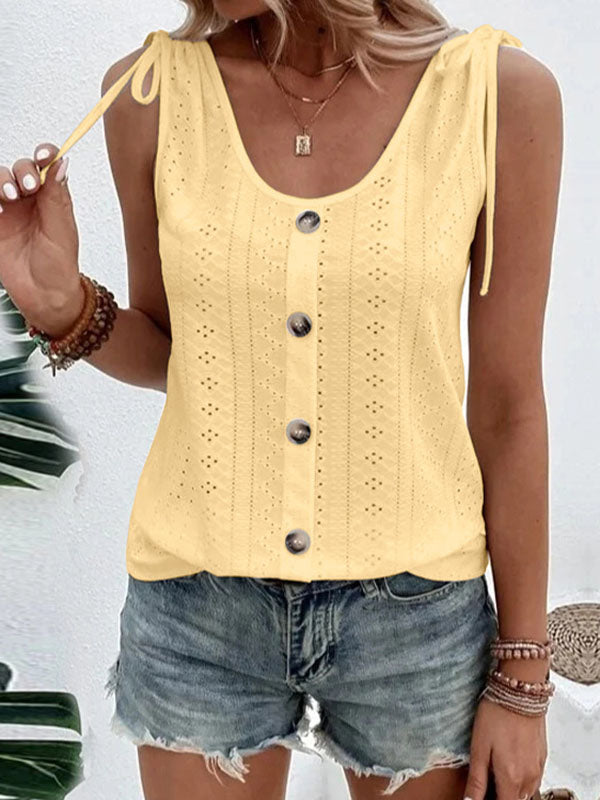 Loose Plus Size Buttoned Hollow Pleated Split-Joint Tied U-neck Vest Top