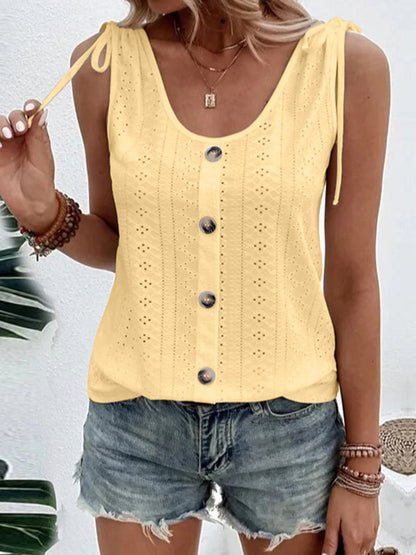 Loose Plus Size Buttoned Hollow Pleated Split-Joint Tied U-neck Vest Top