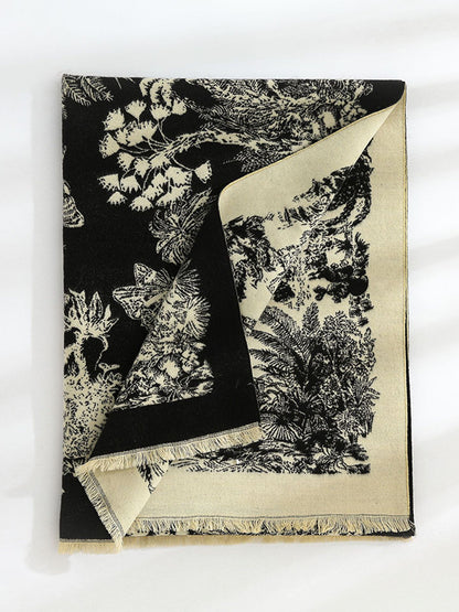 Contrast Color Floral Tasseled Shawl&Scarf