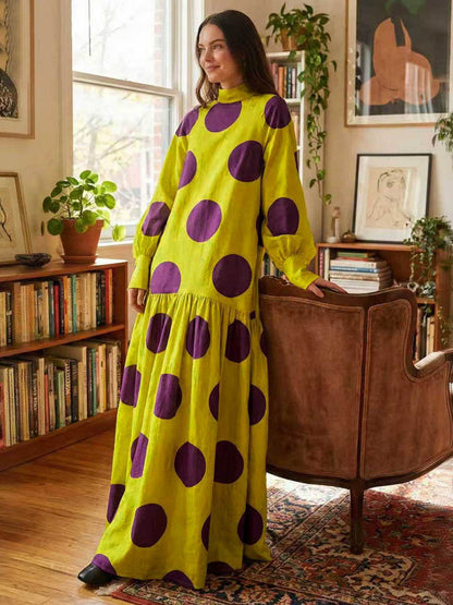 Long Sleeves Loose Big Hemline Contrast Color Pleated Polka Dot Split-Joint Half Turtleneck Maxi Dresses