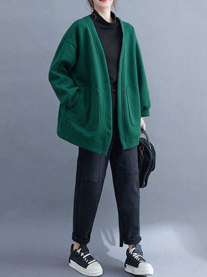 Long Sleeves Loose Pockets Solid Color Collarless Outerwear
