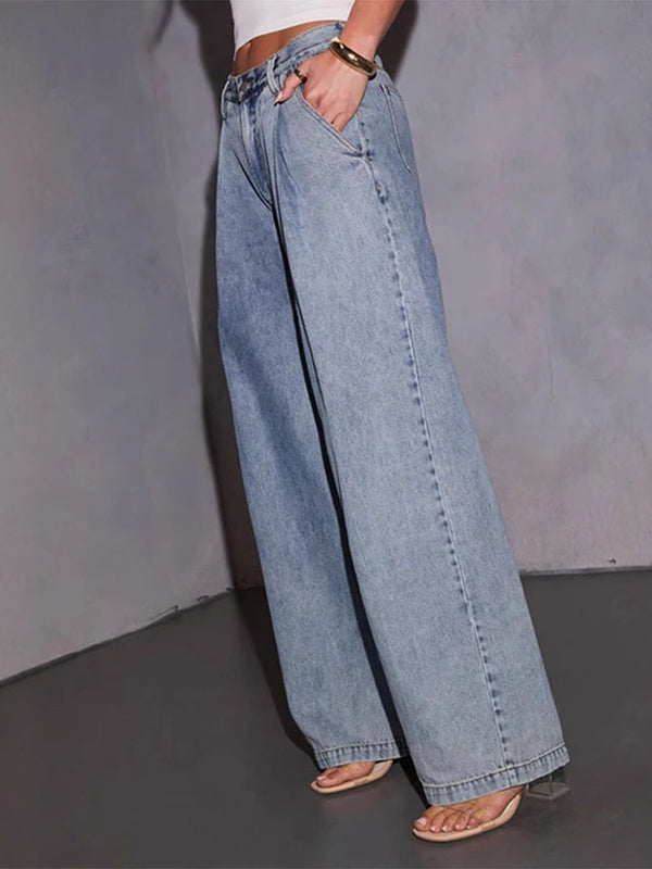 Loose Wide Leg Pleated Split-Joint Jean Pants Bottoms