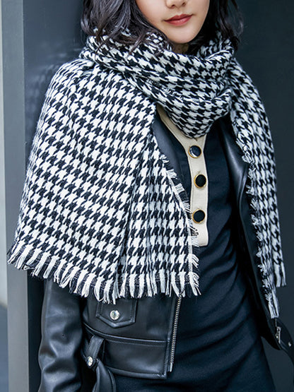 Fringed Houndstooth Keep Warm Shawl&Scarf