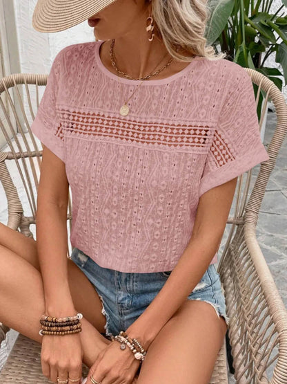 Loose Short Sleeves Hollow Print Solid Color Split-Joint Textured Round-Neck Blouses&Shirts Tops